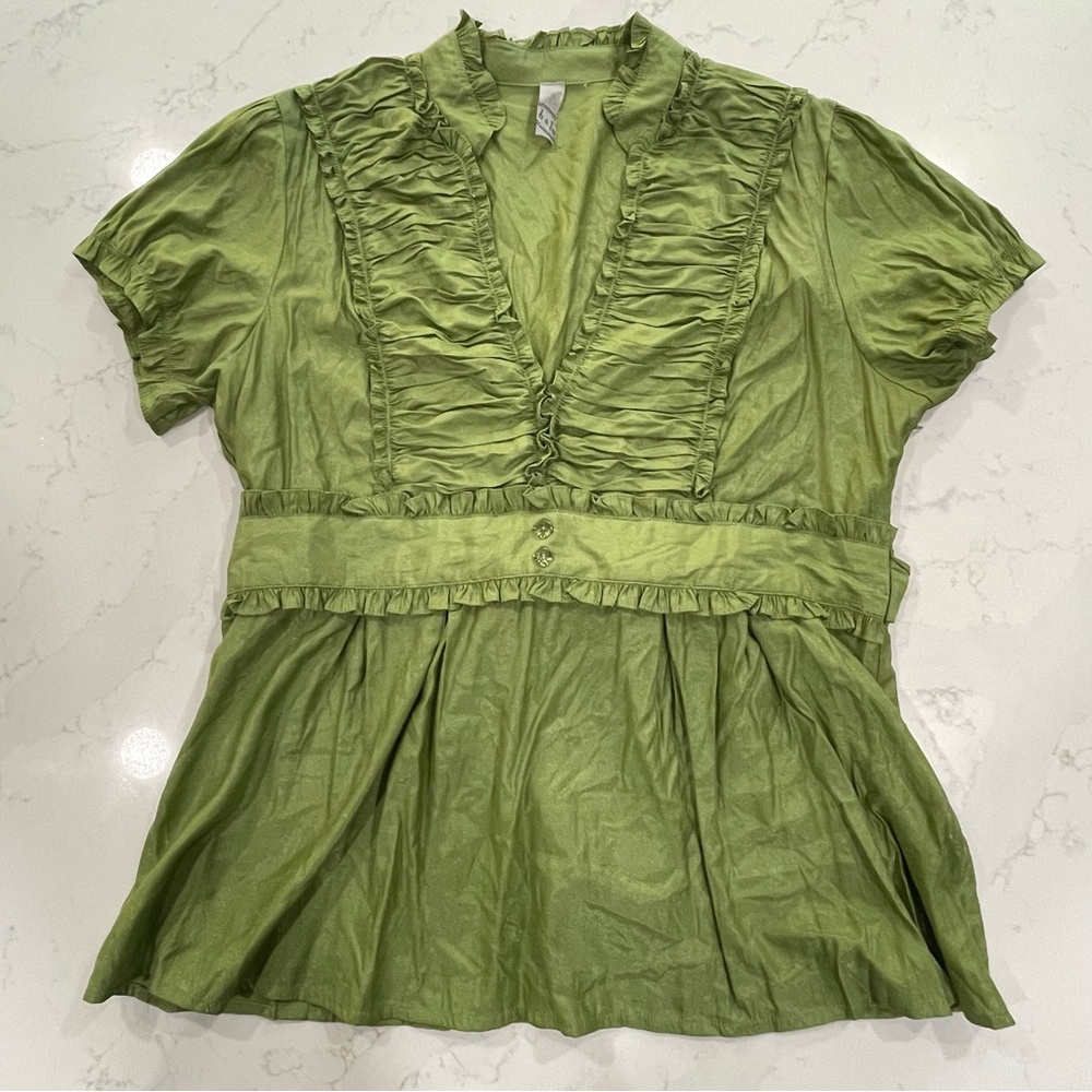 B and Lu Green Ruffle Deep V Neck Blouse XXXL 💚
